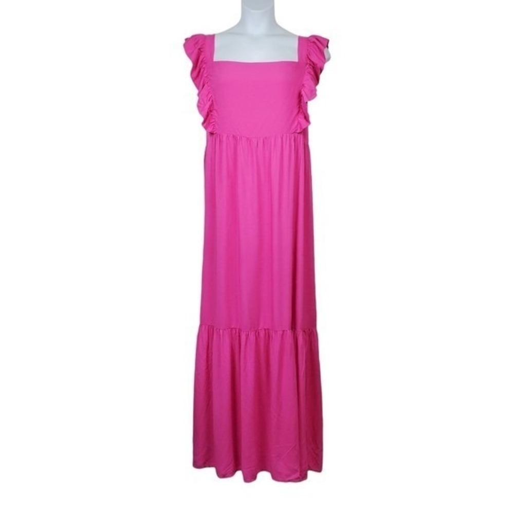 Eloquii Womens Sleeveless Pink Ruffle Square Neck Tie Back Maxi Dress Size 26